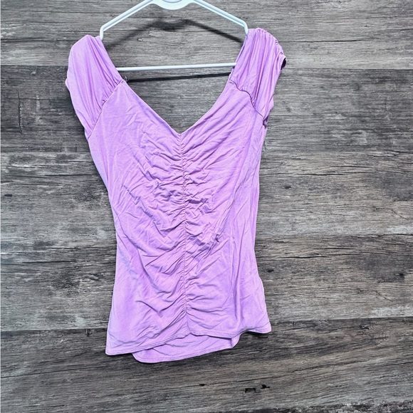 White House Black Market Purple Wrap Blouse with Cap Sleeves and Ruching - Picture 2 of 5